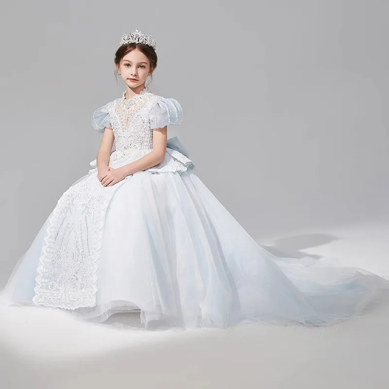 

2024 Lace Children's Wedding Dress Girl Bridesmaid Clothing Trailing Prom Dress for Kid Sequin Luxury Teenagers Ballroom Clothes