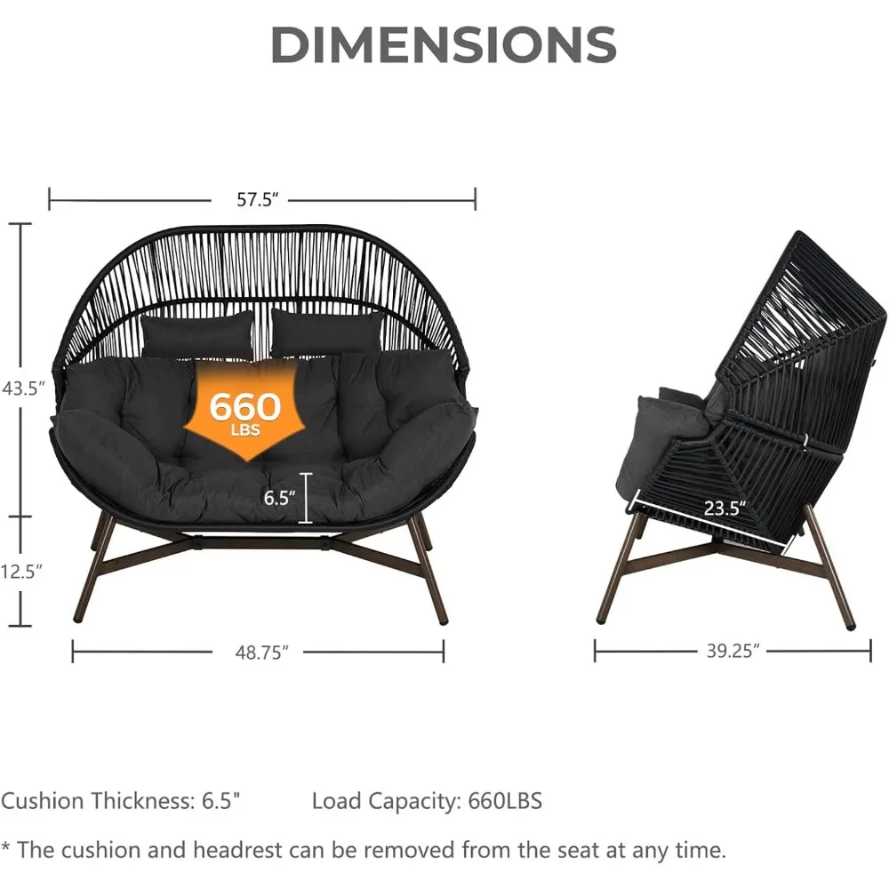 Outdoor Modern 2-Seat Wicker Egg Chair with Cushion, Stationary Patio Loveseat Accent Chair, Grey