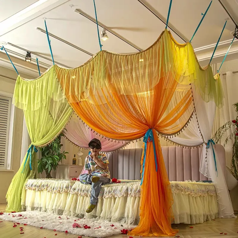 Commonly Used Romantic Mosquito Net No Bracket 4 Doors Canopy Bedroom Decoration Big Curtain for 2 Beds Easy Installation