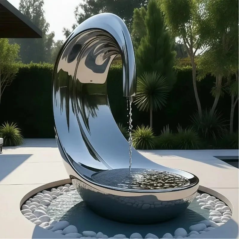 Single Integrated Curved Mirror Metal Waterfall Sculpture Recessed Round Gravel Storage Base Outdoor Public Space Water Ornament