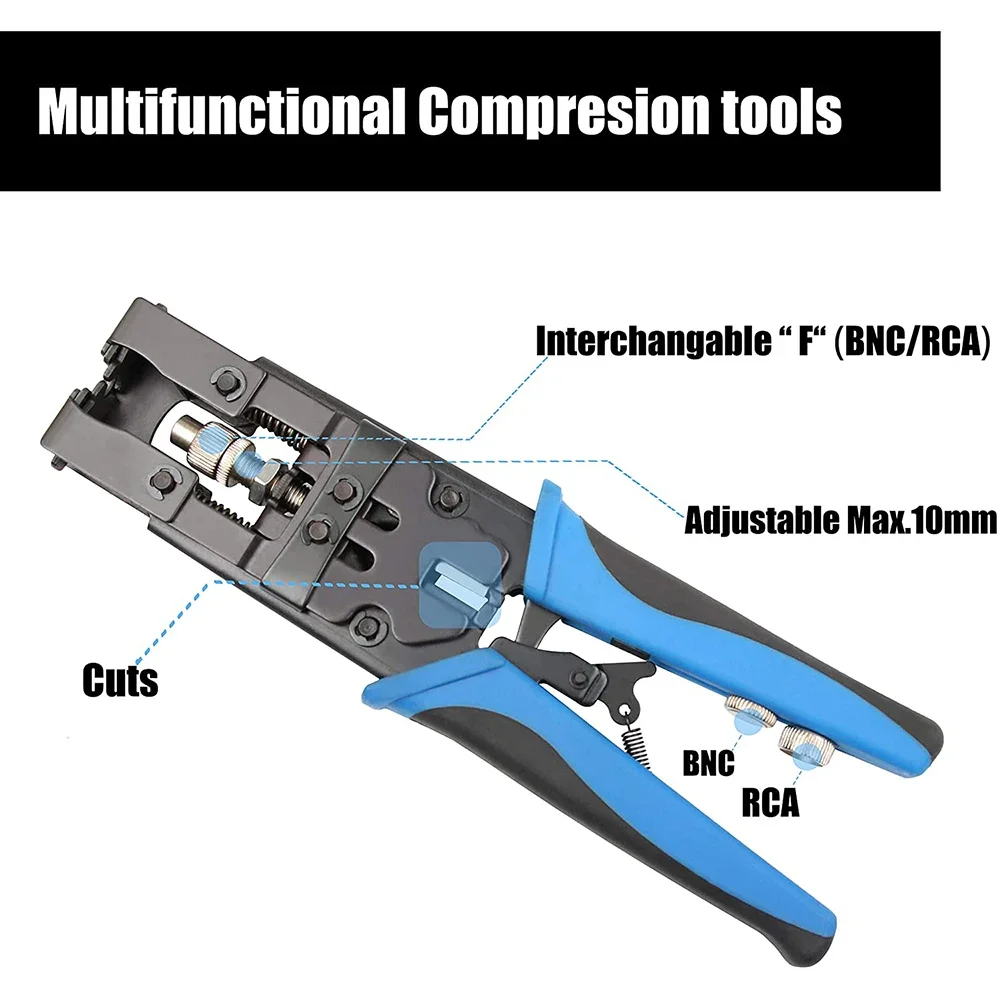 Coaxial Compression Tool And BNC Cable Crimper Kit,Multi Crimping Connector Adjustable Tool Set For RG59 RG6 F BNC RCA Plier