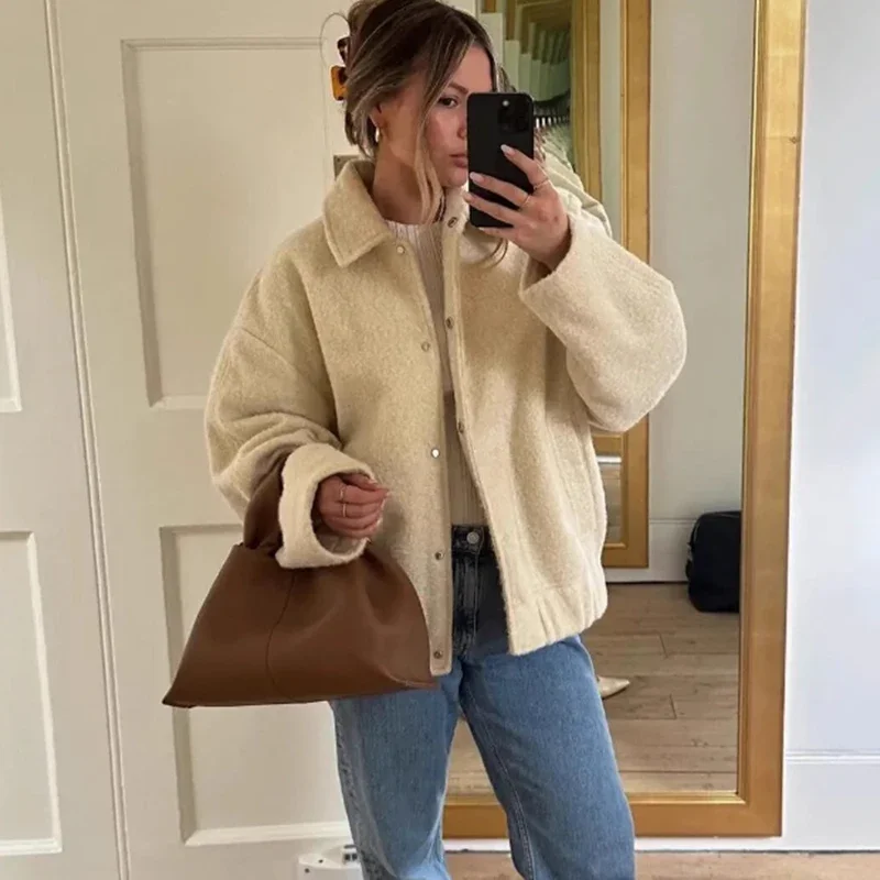 

Fashion Lamb Woolen Jacket Coat Women's Zipper Long Sleeves Lapel Pocket Loose Jacket Lady New Commute Street Outwear