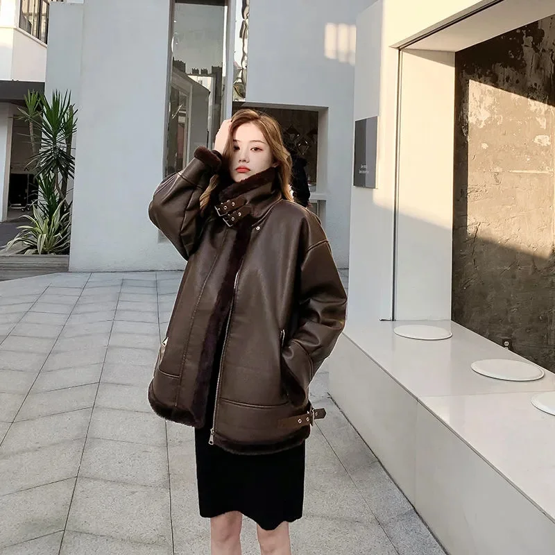Motorcycle Leather Jacket For Women 2023 Winter Standing Collar Plush Thick Jacket Fur Fur Integrated Lamb Fur Coat for Women