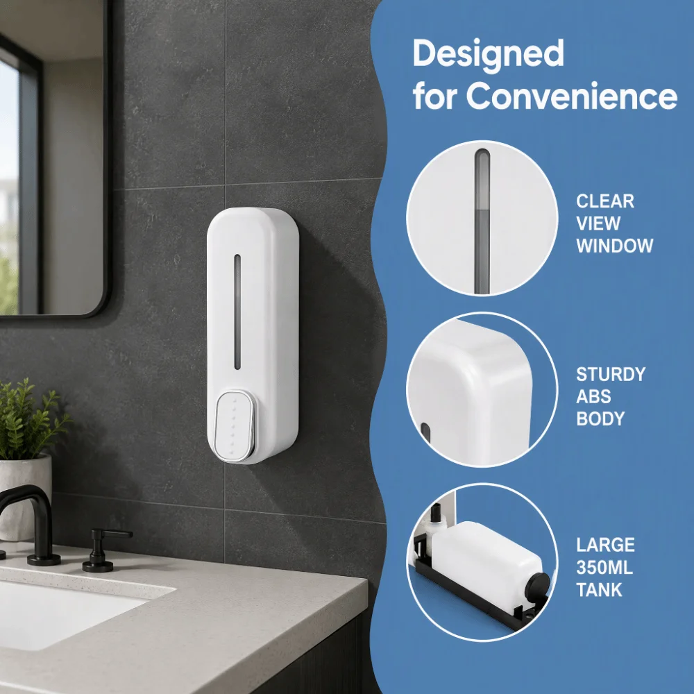 350ml Capacity Soap Dispenser ABS Transparent Window Liquid Soap Dispenser Refillable Space-Saving Design Shower Gel Container