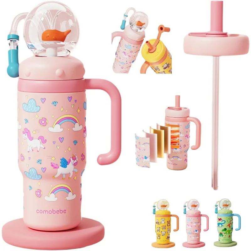 

Stainless Steel Whale Fountain Tumbler Handle Insulated Drinking Cup Kids Weighted Sippy Cup No Spill Bottle Straws Leak Proof