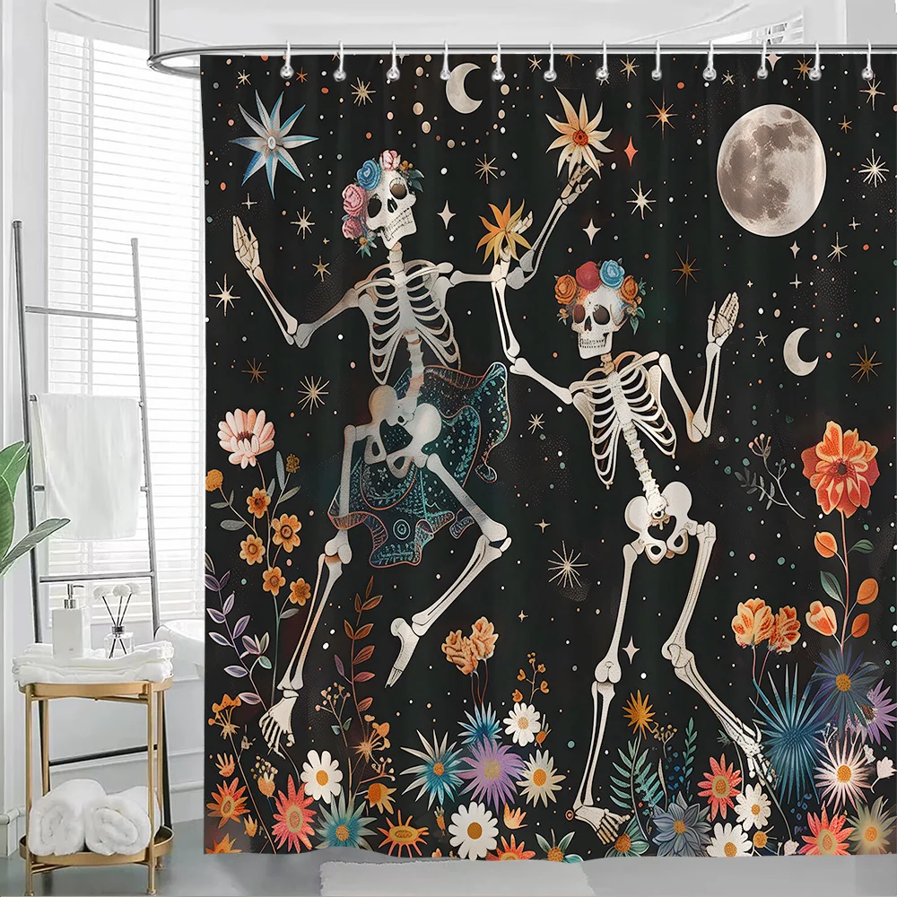 

1 шт., занавеска для душа с праздничными танцами и скелетами — цветочная корона, бирюзовый и красный дизайн с звездной ночью и полной луной, 70,8x70,8 дюйма,