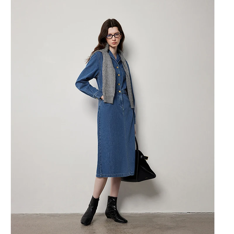 TOYOUTH Women Denim Dress 2024 Autumn New Mid Length Long Sleeve Lapel Collar A Line Elegant Streetwear Knee Length Dress