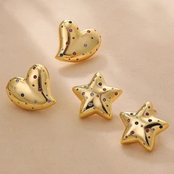 Stainless Steel Color Zircon Chunky Star Stud Earrings Women 18K Gold Plated PVD Shiny Rhinestone Heart Studs Wedding Jewelry