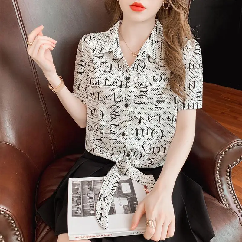 Simplicity Office Lady Summer Women\'s POLO Collar Letter Printing Lacing Single Breasted Loose Short Sleeve Chiffon Shirt Tops