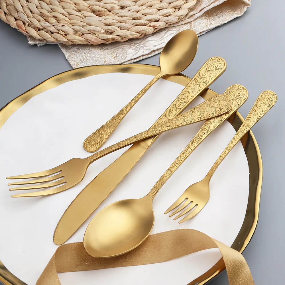 

Vintage Brushed Dinnerware Set Tableware 18/10 Matte Gold Cutlery Dinner Knife Tea Fork Spoon Western Sets Silverware