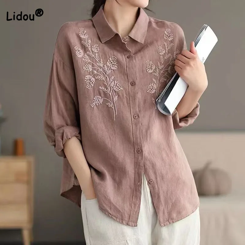 Vintage Fashion Embroidery Spliced Long Sleeve Shirt Women\'s Clothing Casual All-match Loose Solid Color Single-breasted Blouse