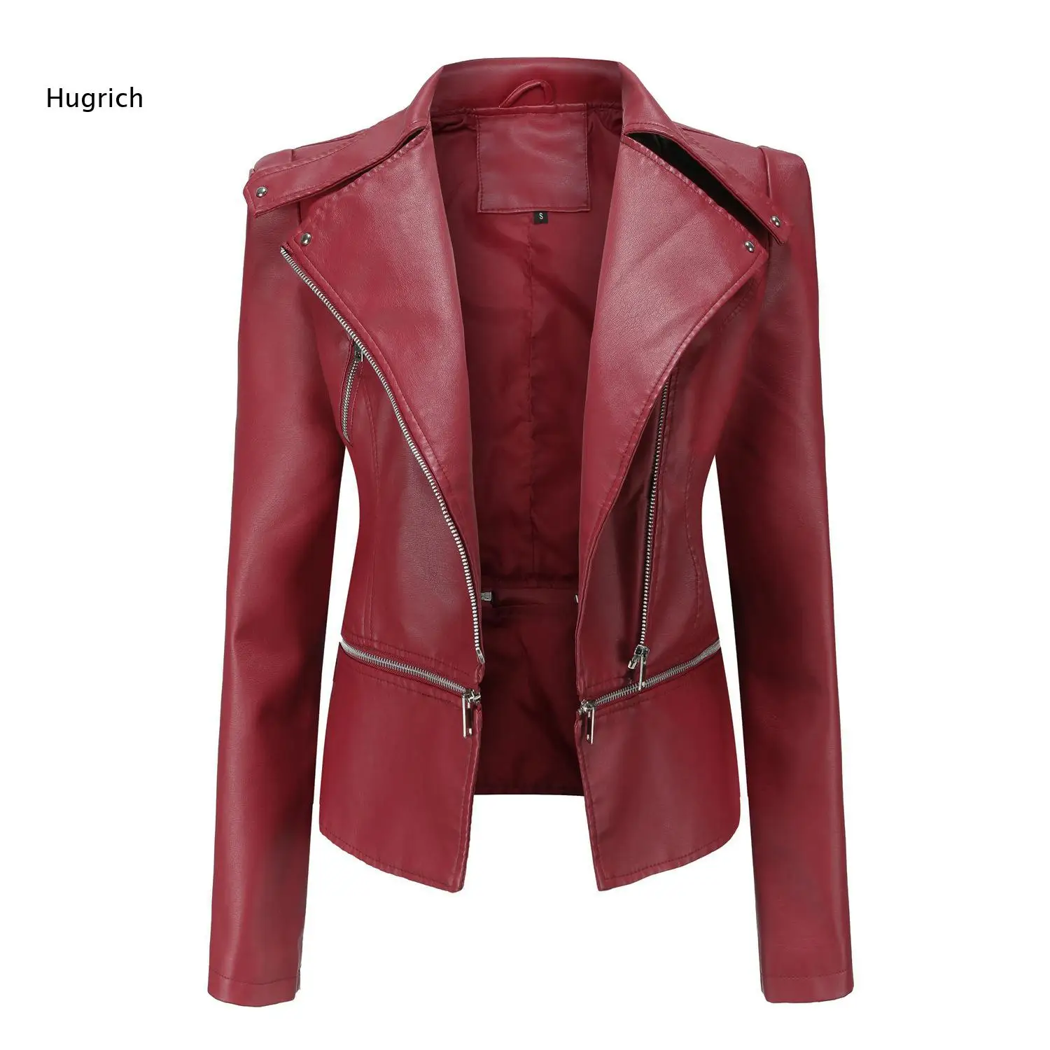 Lapel Asymmetric Zip Faux Leather Short Coat For Women Slim Biker Style Long Sleeve Outerwear With Multi Zipper Pocket Details