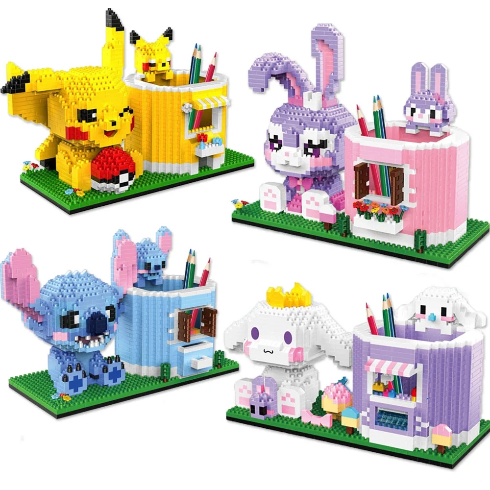 

Pokemon Pikachu Cartoon Micro Small Building Blocks Stitch Stellalou Pen Container Holder Diamond Anime Bricks Kids Toys Gift