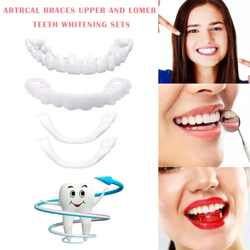 Sdotter 2 Pairs Smile Whitening Teeth Snap On Silicone Cosmetic Denture Upper and Lower Fake Tooth Cover Perfect Fit Teeth Beaut