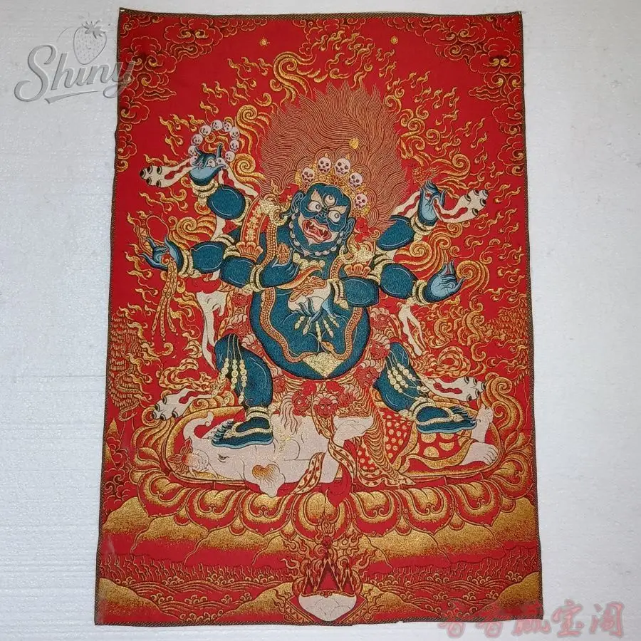

35.4″ Gilded Mahakala with Six Arms Brocade Tibetan Tangka Embroidery Painting Gold Thread Embroidery Decorative Hanging Picture