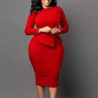 Langmao Business Work Dress Women Solid O Neck Long Sleeve Ruffle Hem High Waist Bodycon Club Party Dress Womem -------- Women