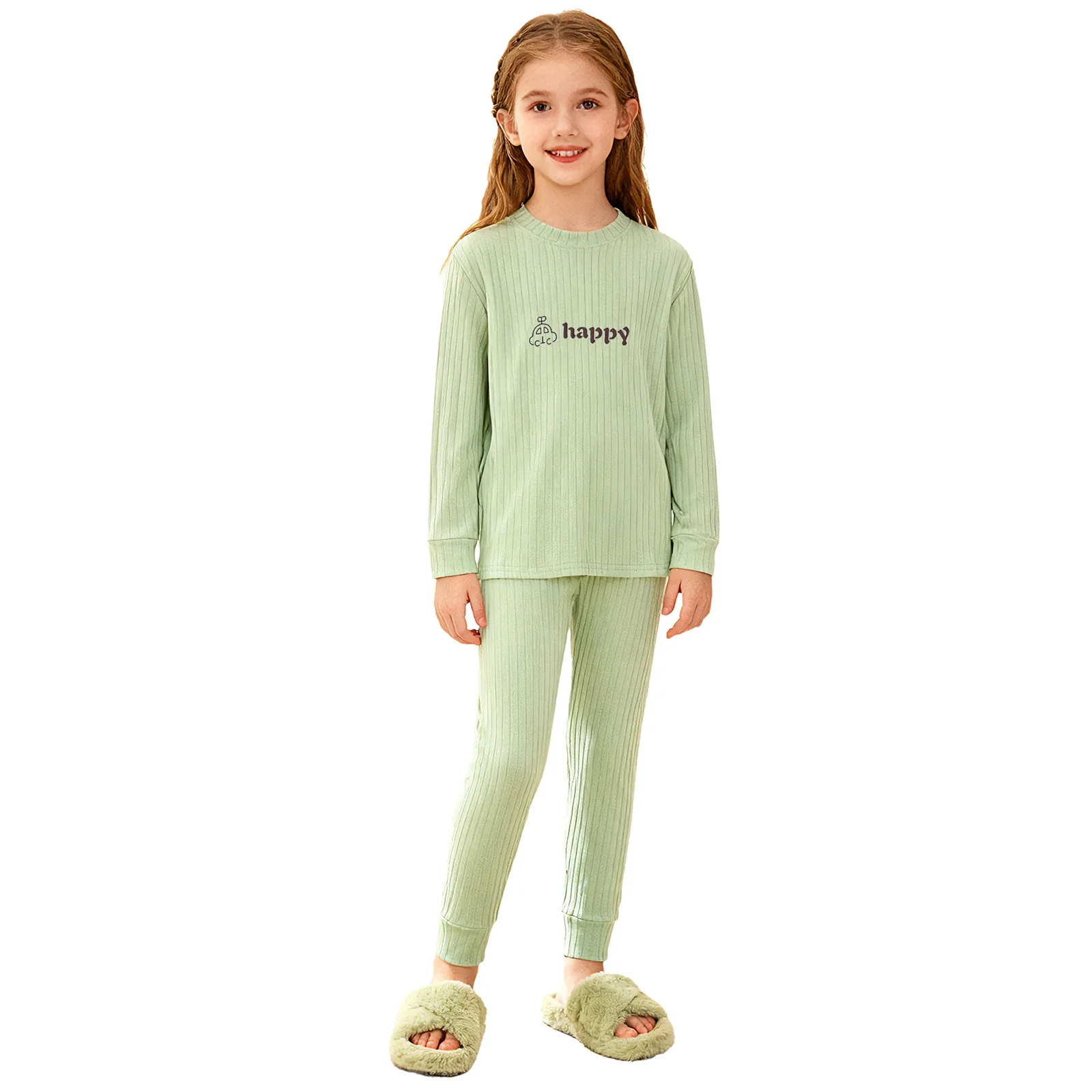Set di biancheria intima termica a costine da 2 pezzi per ragazze, abbigliamento per la casa, pigiama, pigiama, pullover a maniche lunghe, top + pantaloni, per i giorni scolastici a casa