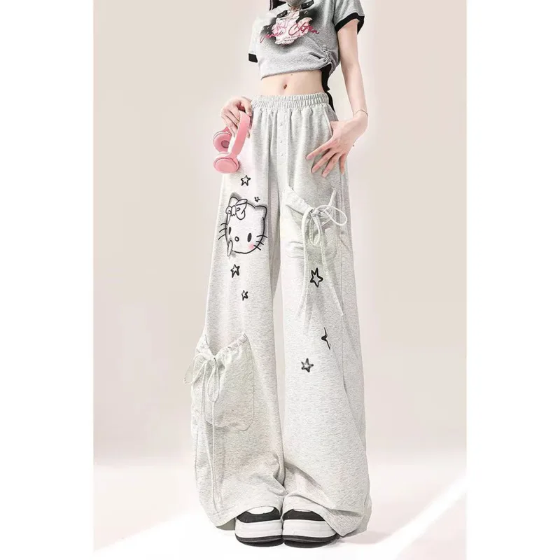 

Multi Pocket Hello Kitty Streetwear Sweatpant Elastic Waist Y2k Sports Wide Leg Trouser Cute Kitty Graffiti Grey Pants For Women