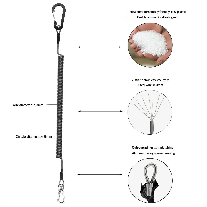 2M Angel-Spiral-Lanyards mit Ruten-Krawattengürtel, einziehbares Anti-Verlust-Lanyard für Angelseile mit Metallkarabiner, Angelwerkzeuge – Detail 3