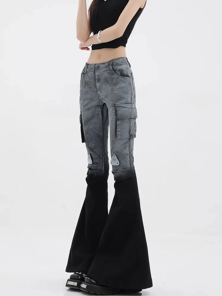 CHICEVER Streetwear Fashion Slimming Flare Pants For Women High Waist Patchwork Pockets Casual Colorblock Denim Trousers Female