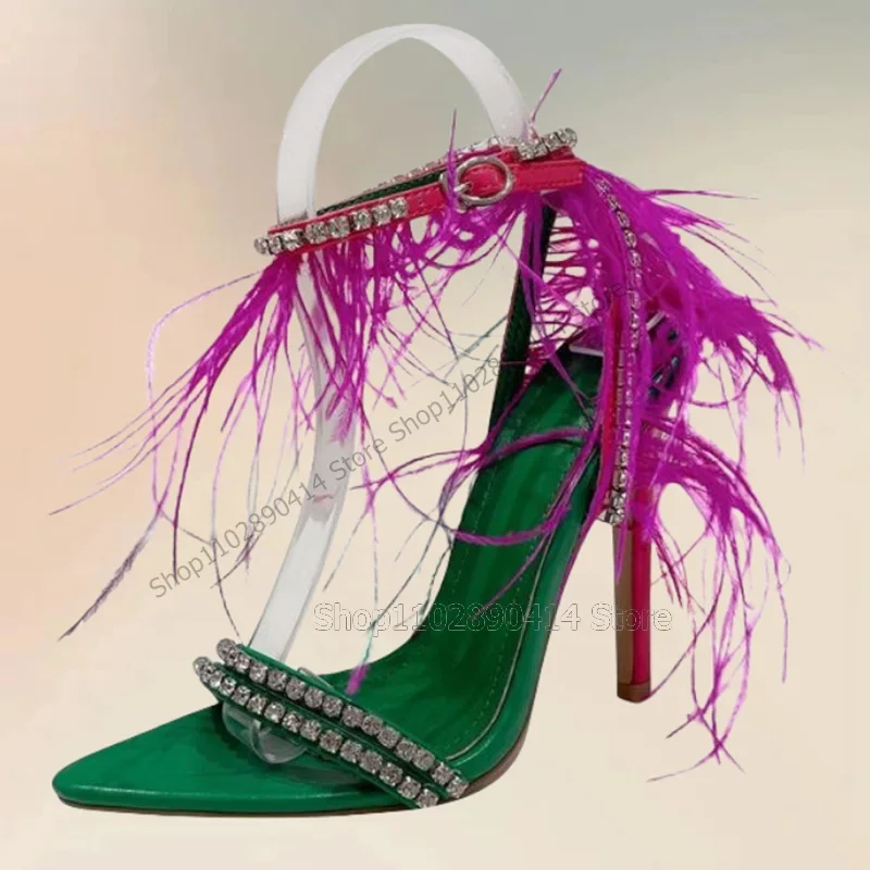 Rosa Rossa Piuma Decorazione di cristallo Sandali open toe Cinturino con fibbia alla caviglia Scarpe da donna Tacchi alti sottili Moda 2023 Zapatos Para Mujere