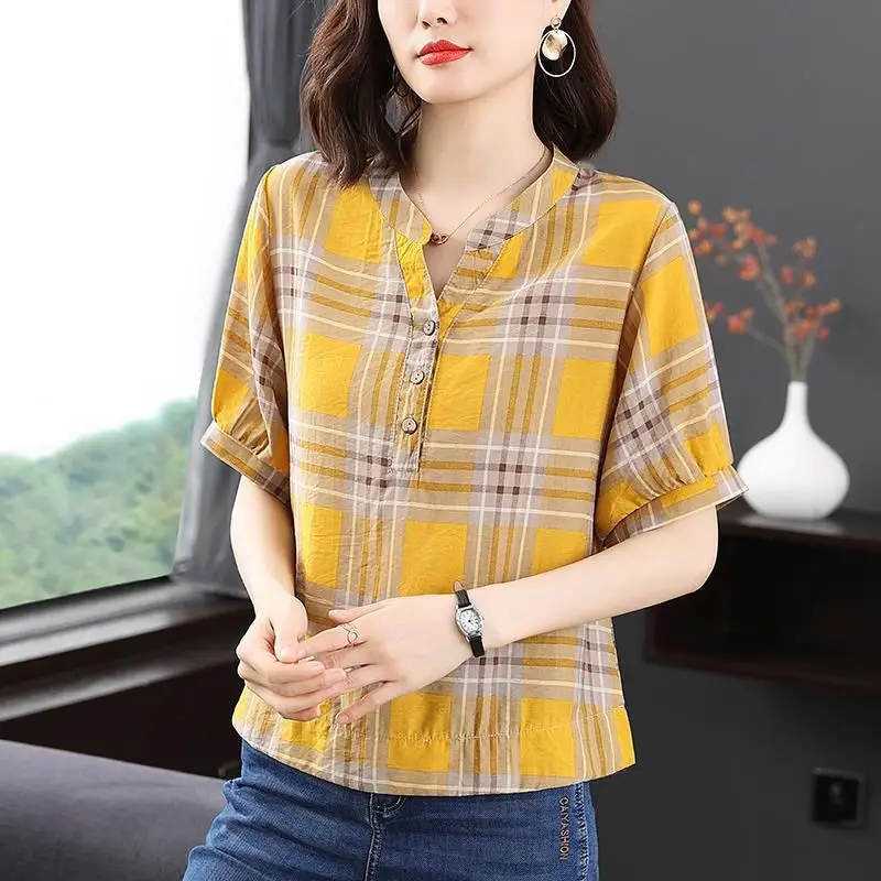 Women\'s Clothing Plaid Print Simple Casual Blouse Summer Fashion V Neck Short Sleeve Loose Shirt Cotton Comfortable Pullover Top