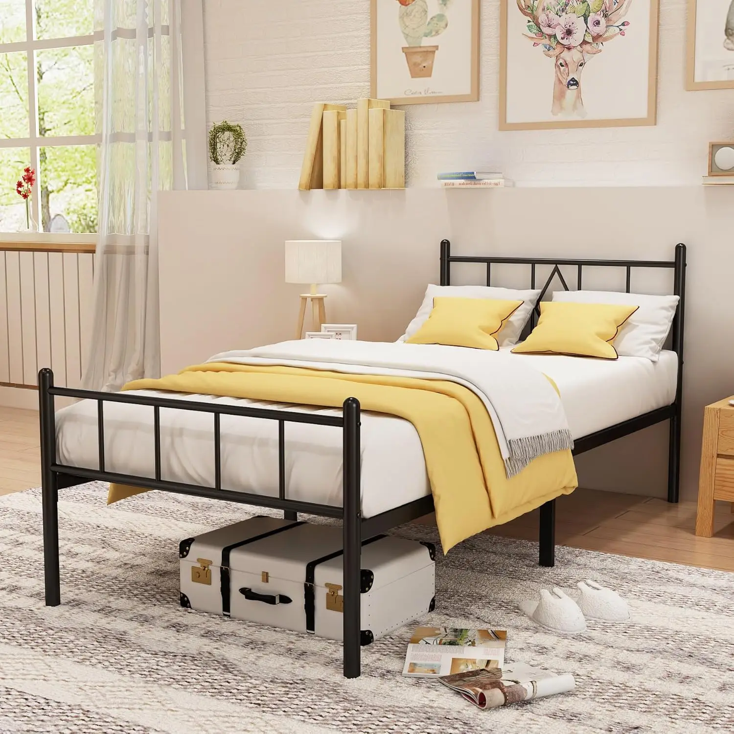 

14in Twin Metal Bed Frame with Headboard & Footboard Platform 450lbs Noise-Free Easy Assembly Non-Slip, Customized