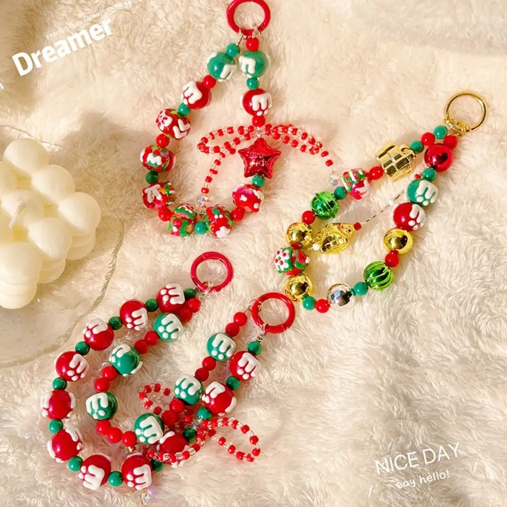 Fashion Christmas Mobile Phone Strap Beaded Hand-painted Bag Pendant Keychain Colorful Double Chain Phone Charm Rope