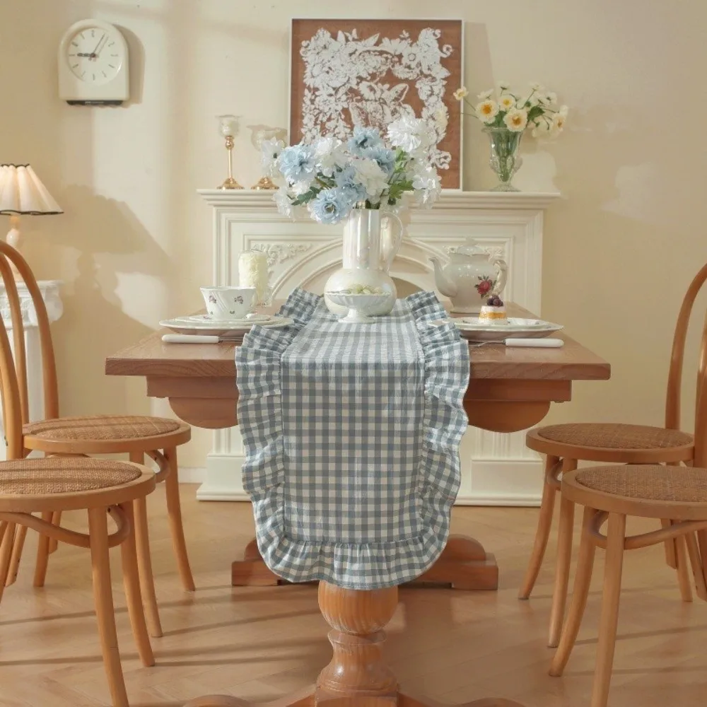 Washed Cotton Table Runner Gingham Check Soft Runner Washed Cotton Ruffle Rectangular Ruffle Edge Table Scarf Dining Room