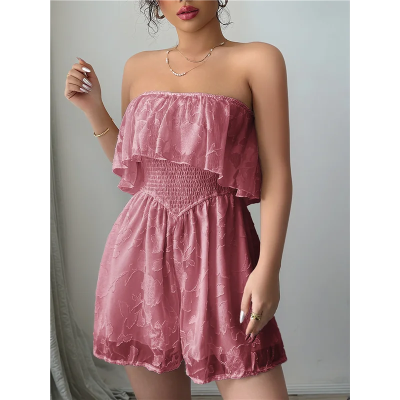 CYL-Mono corto de playa con cintura elástica plisada sin tirantes y estampado floral informal con hombros descubiertos para mujer