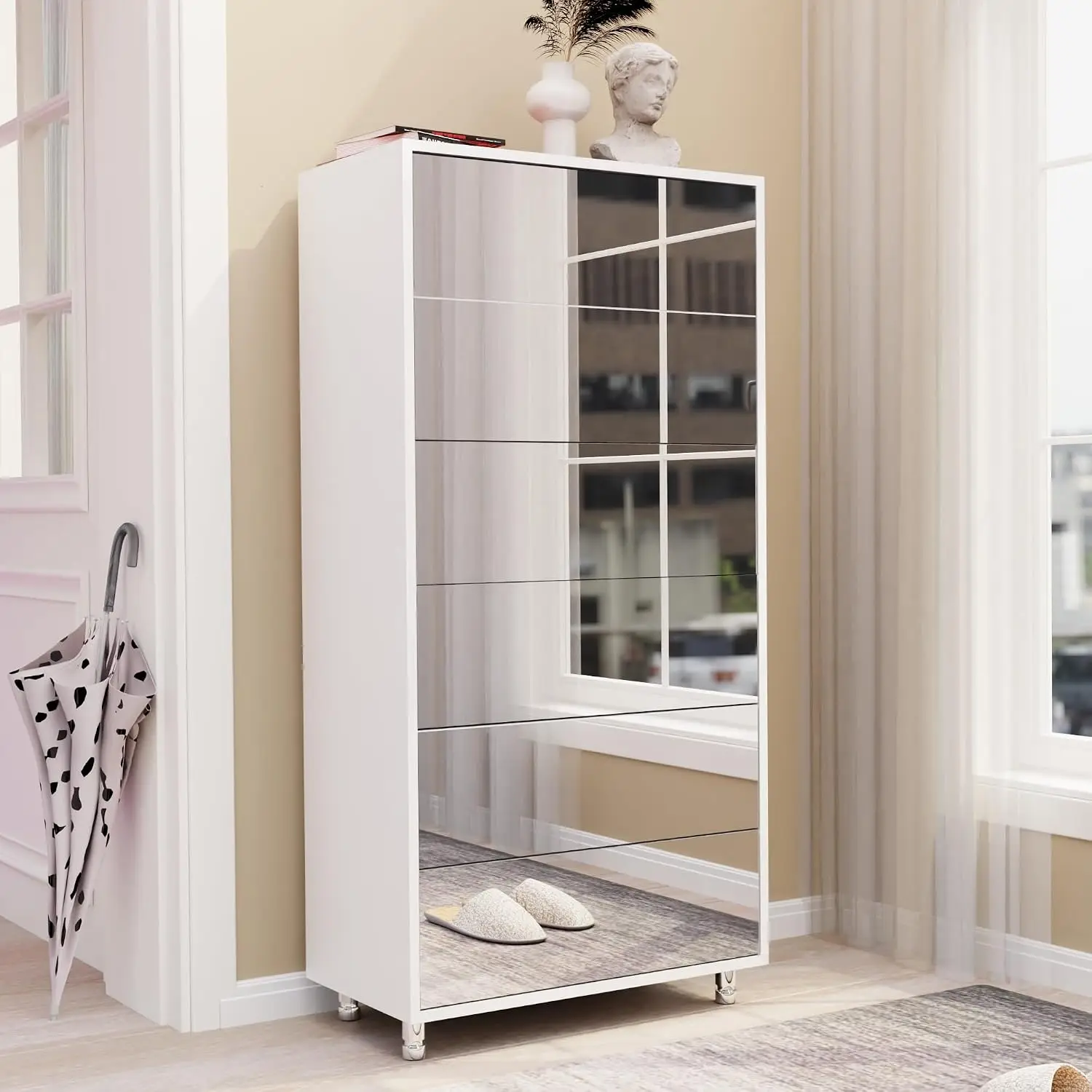 Mirror Shoe Cabinet 6 Flip Doors 18-24 Pairs Storage Organizer Pop Up Metal Legs Entryway, Customized
