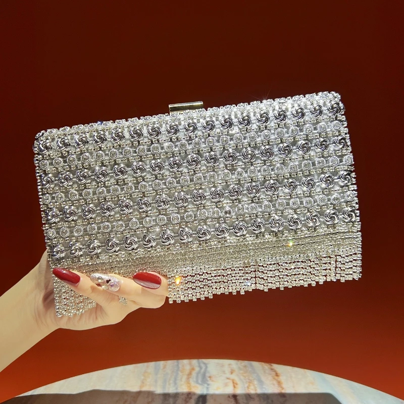 Sparkling Rhinestone Fringed Clutch Bag Luxury Celebrity Flower Diamond-encrusted Evening Bag French Shining Tassels Handbag