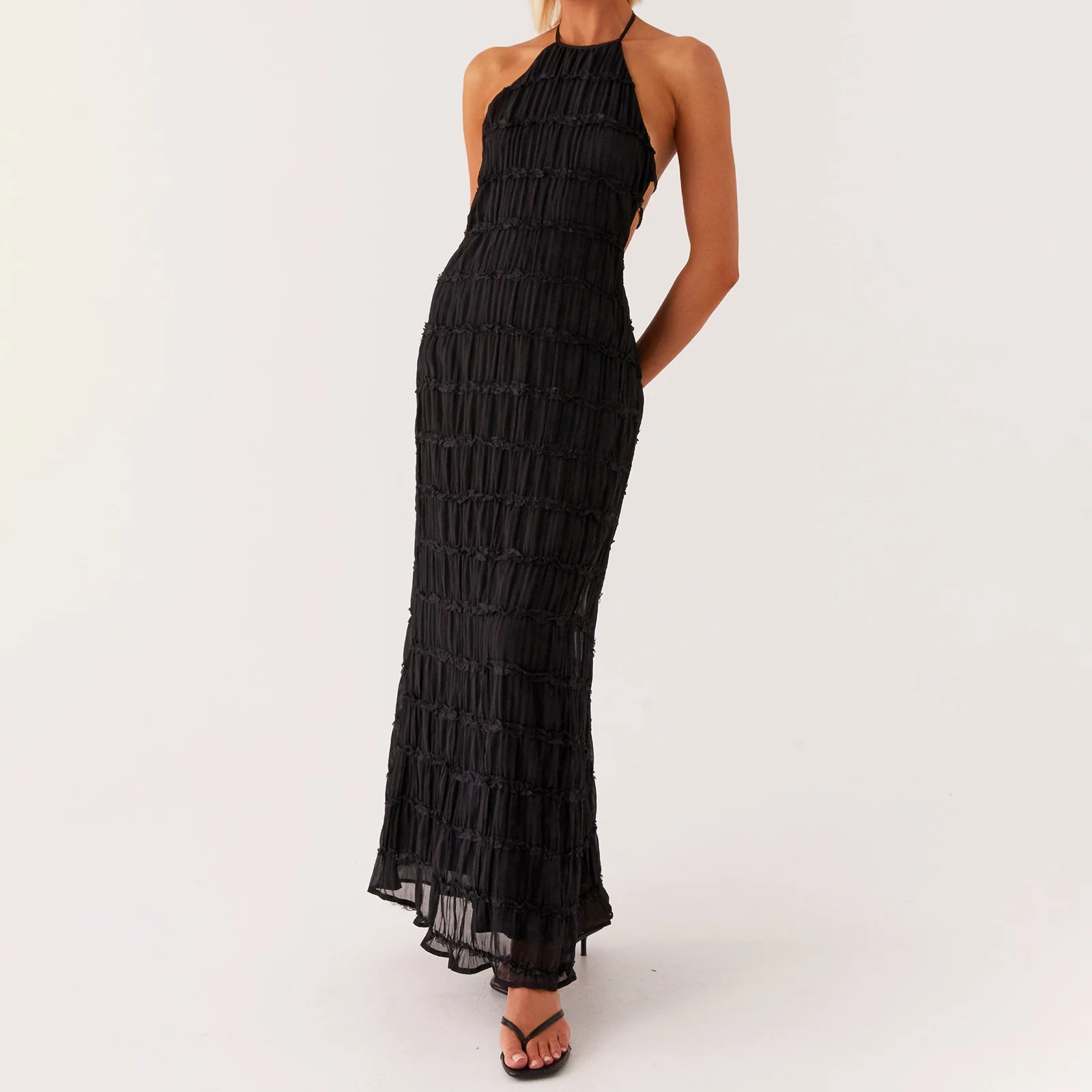 hirigin Women's Backless Smocked Maxi Dress Sexy Spaghetti Strap Cut Out Flowy Beach Long Dress Vacation Casual Sundresses