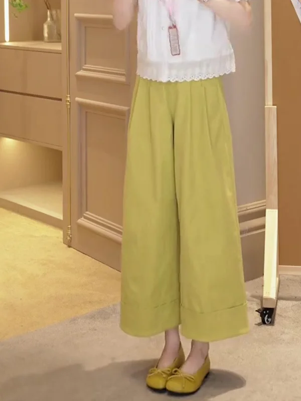 

Ele een Wide Leg Casual Pants Women's High Waist Trousers Dra Korean Sle Folded Hem Summer Faion Sensation