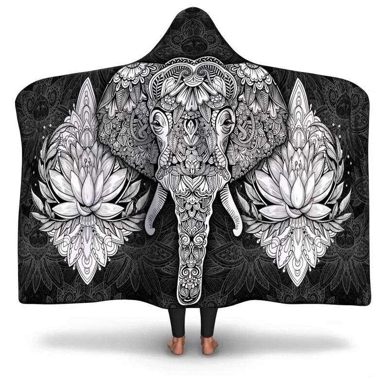 

Lord Ganesha Elephant Mandala Hooded Blanket - Lotus Flowers, Spiritual Visionary Blanket, Hindu Throw, Premium Plush Sherpa Fab