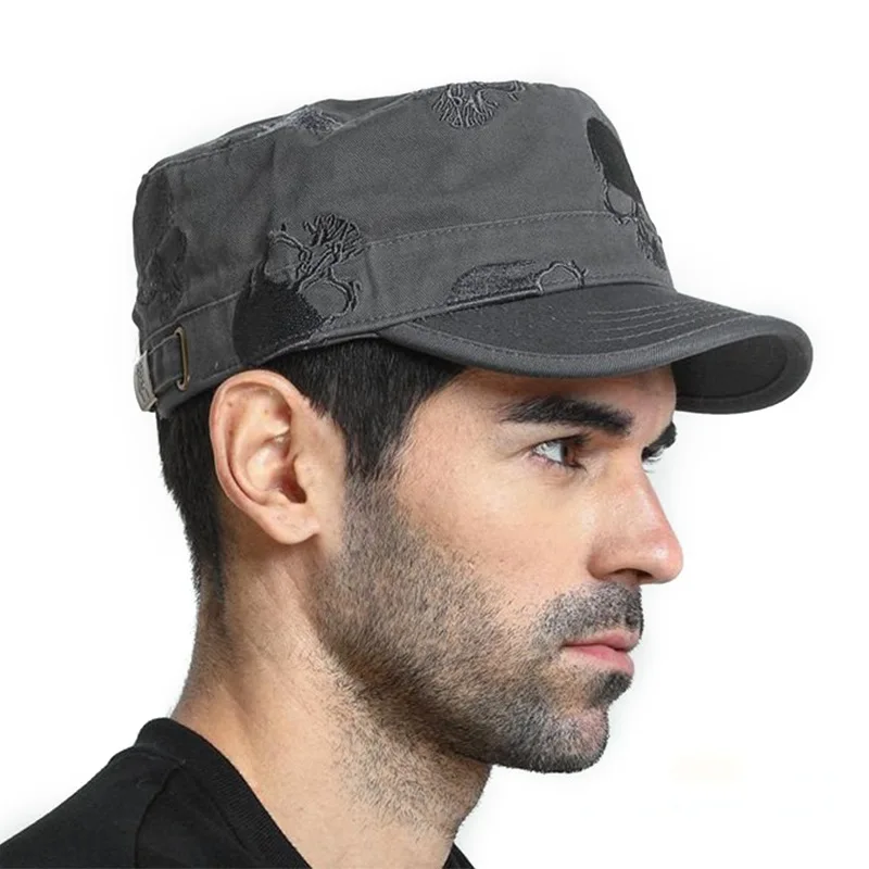 2022 Large Big Size Male Army Hat Cool Men Outdoor Casual Skull Embroidered Personality Leisure Flat Cap