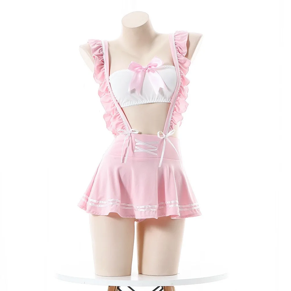 Sexy Lingerie School Girl Babydoll Bow Tube Dress Cosplay JK Costume studente uniforme minigonna donna Backless Lolita Ruffle Suit