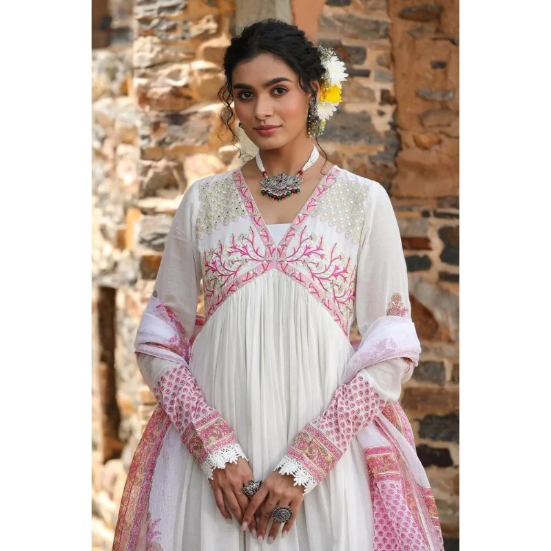 Indiase Vrouwen Anarkali Lange Jurk Borduurwerk Salwar Set Cadeau Jurk