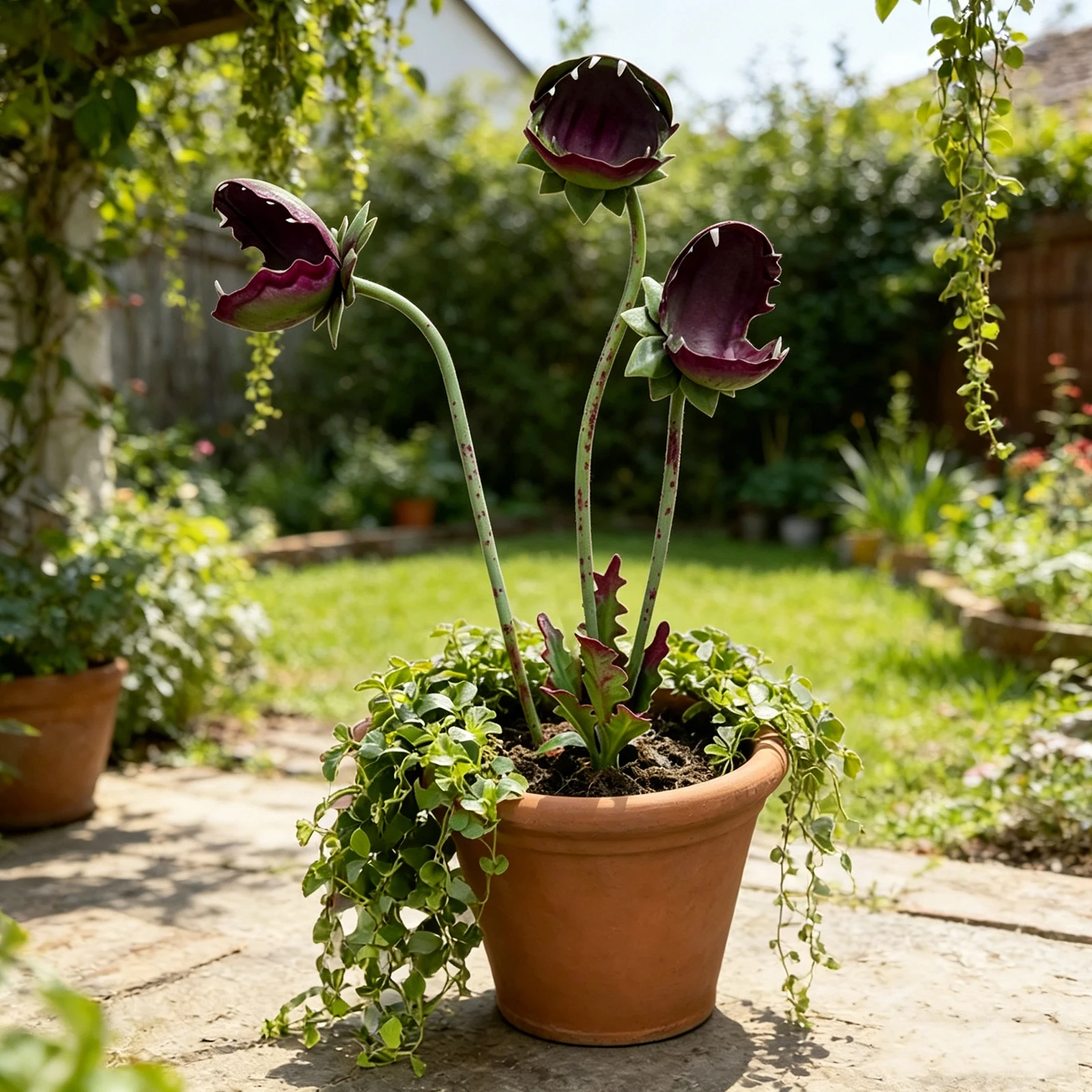 Venus Flytrap Monster Plant Sculpture 25 Inch 3 Head Whimsical Flower Outdoor Sculpture Unique Quirky Garden Gift
