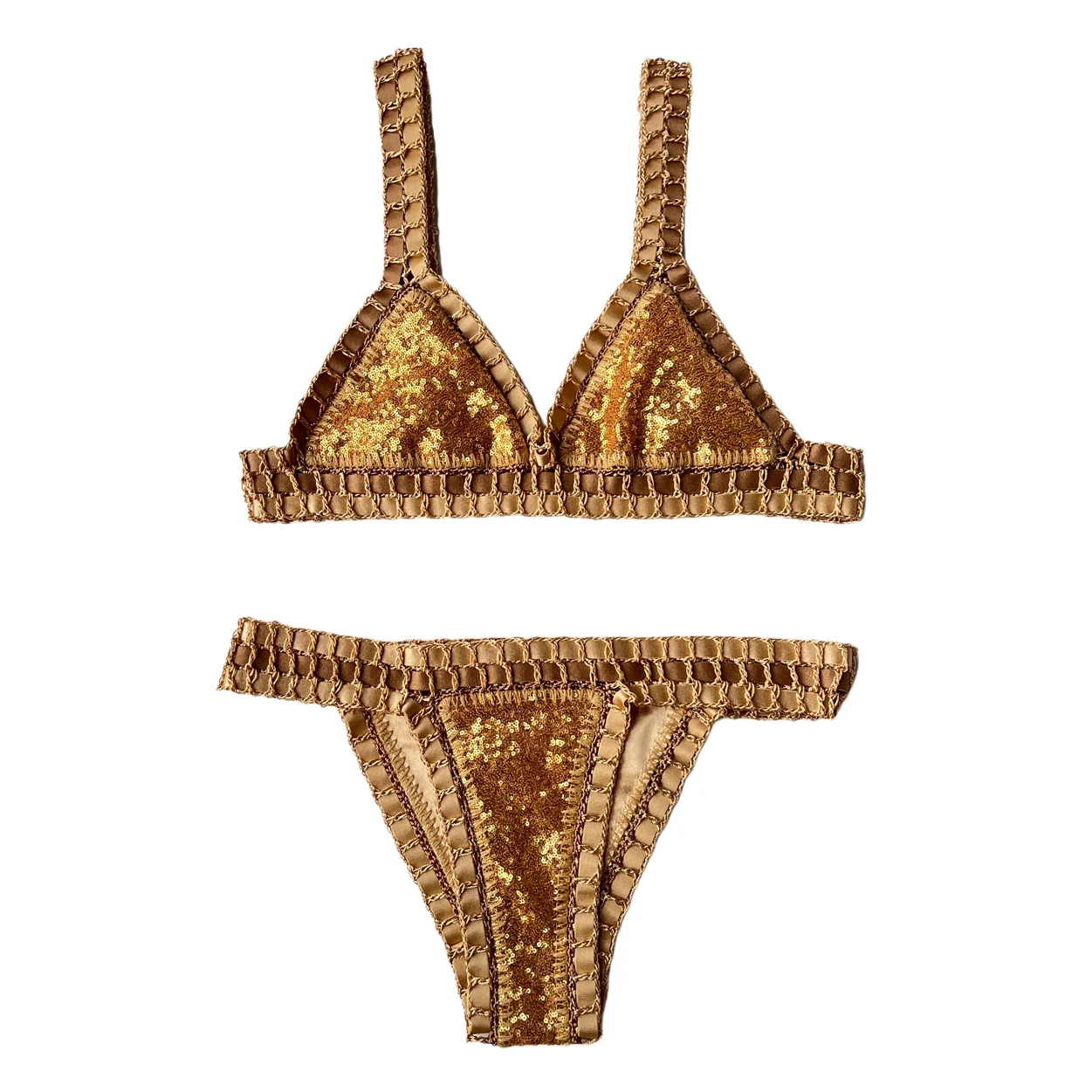 Women Bronze Sequin Crochet Bikini Set Small Bust Triangle Swimsuit Handmade Beachwear Resort Vacation Swimwear