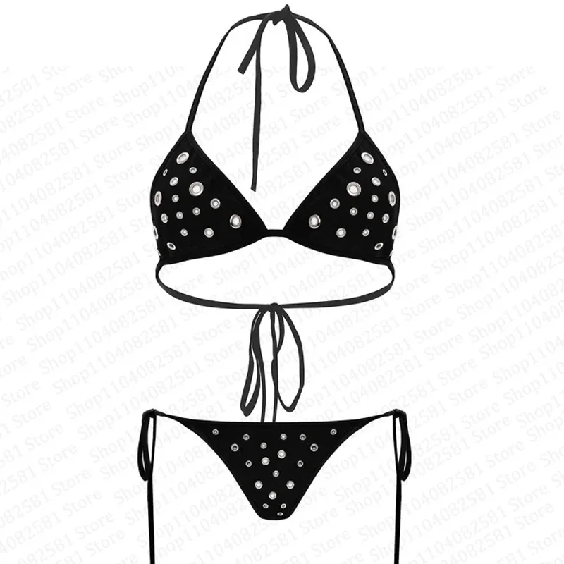 

Summer Y2K Studded Black Bikini Set Women Halter Triangle Top Tie Side Swimwear Punk Style Bathing Suit Beachwear