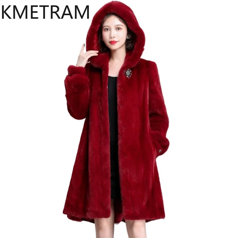 KMETRAM 100% Whole Mink Coat Woman Real Fur Jacket Mid Length Hooded Women Winter Coats Flared Hem Plus Size Mink Fur Outerwear