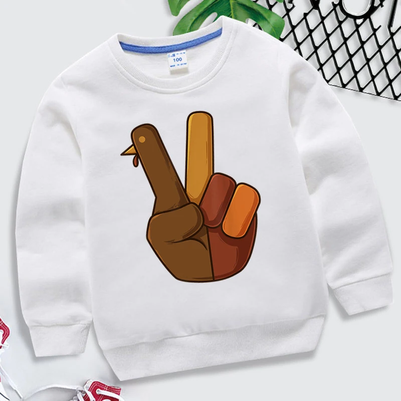 Boys Girls Thanksgiving Turkey Retro Sweatshirts Fall Season Vintage Hoodies Children Peace Hand Sign Thankful Turkey Sweater