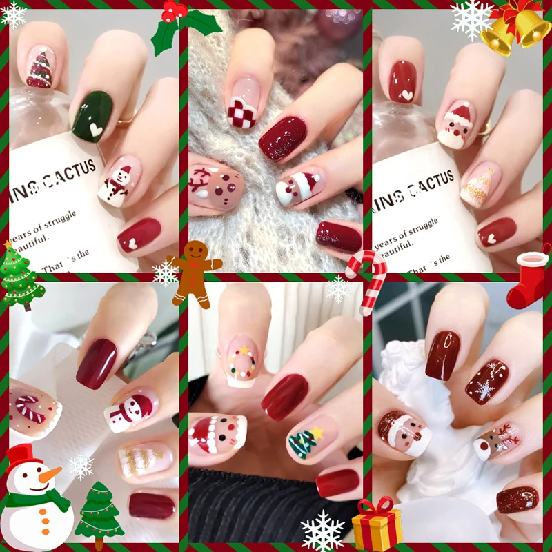 Nuevas uñas postizas navideñas, uñas postizas cuadradas cortas de cobertura completa, puntas de uñas artificiales, decoración artística de manicura usable, 24 unids/pack