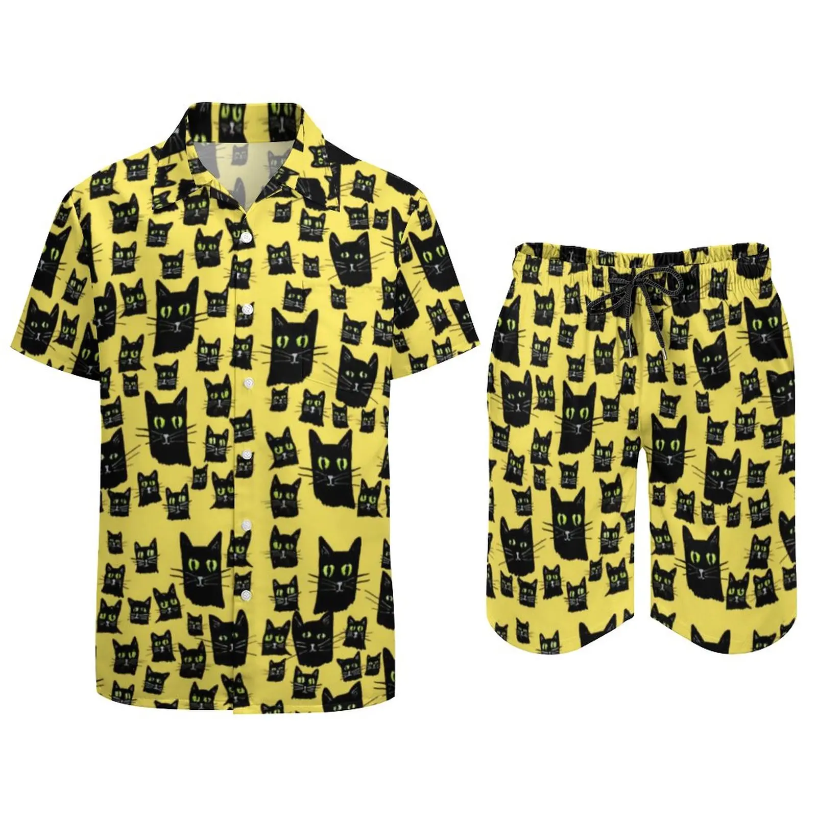 Spooky Black Cat Men Sets Halloween Print Casual Shorts Summer Streetwear Vacation Shirt Set Short-Sleeved Oversize Suit Present