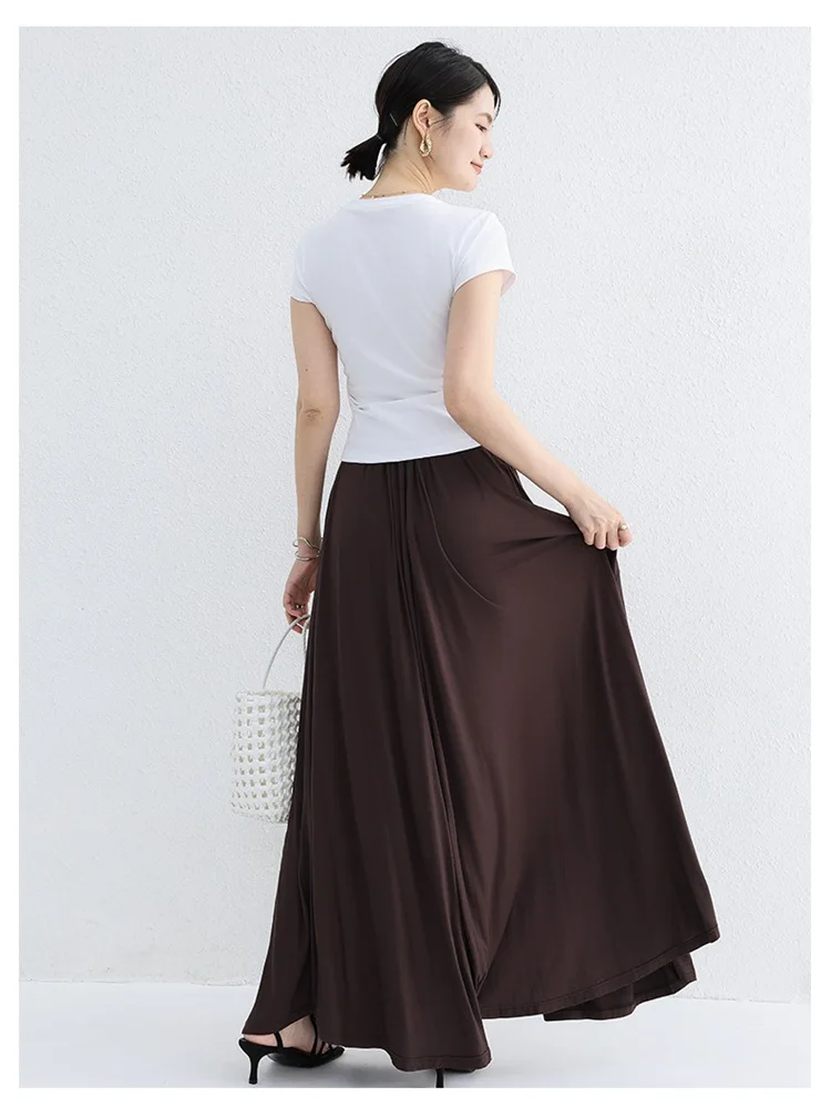 Japanese Style New Modal Fabric High Waisted Floor Length A-Line Skirt Womens Summer Fashion Flowy Ruffled Elastic Waist Skirt
