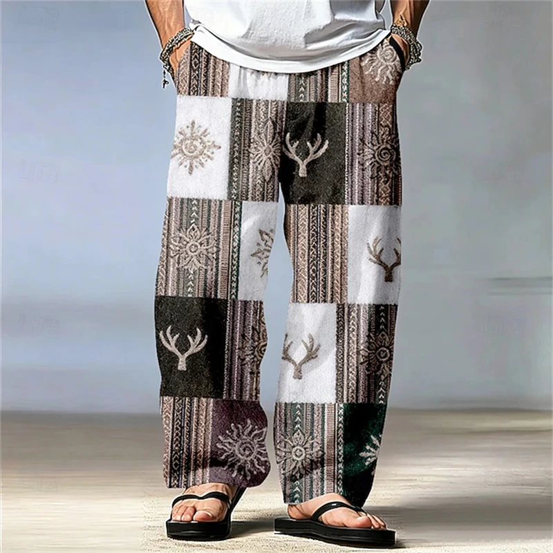 Men's Ethnic-Style Patchwork Print Drawstring Pants Bohemian-Style Casual Pants Loose-Fit Men's Straight-Leg Drawstring Pants
