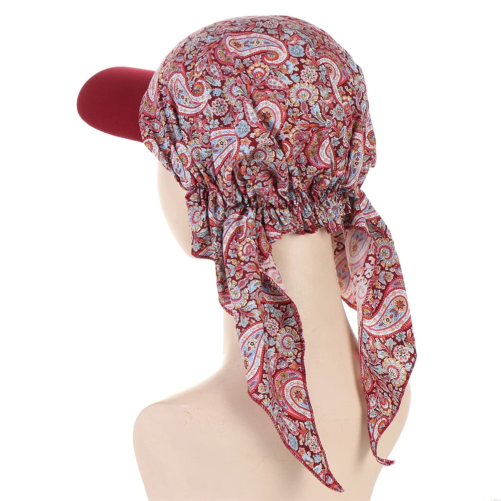 Fashion Muslim Floral Print Hijab Turban Hat for Women Visor Baseball Cap Sun Hats Headscarf Scarf Brim Femme Scarves Bandanas