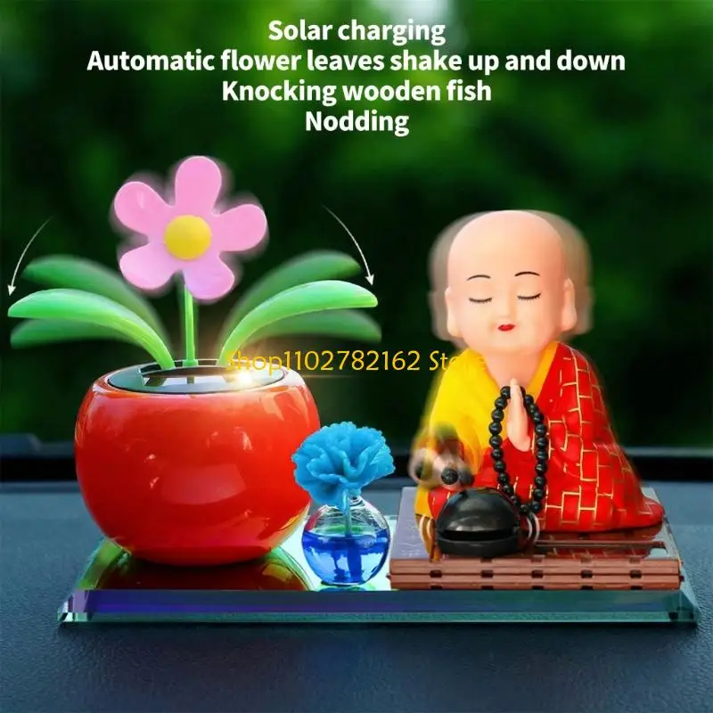 

547B Solar Buddhist Monk Dashboard Ornament ABS Crafted Car Accessory Dashboard Ornament for Home Wealth Health