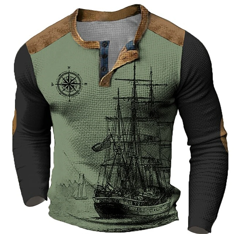 Vintage Men's T-Shirt Compass And Ship Print 3D-Printed Henley Long-Sleeve T-Shirt Loose Fit Nautical Top Men's Apparel